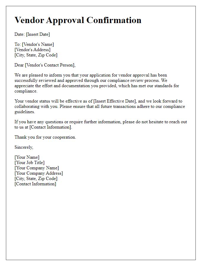 Letter template of Vendor Approval Confirmation for Compliance Review