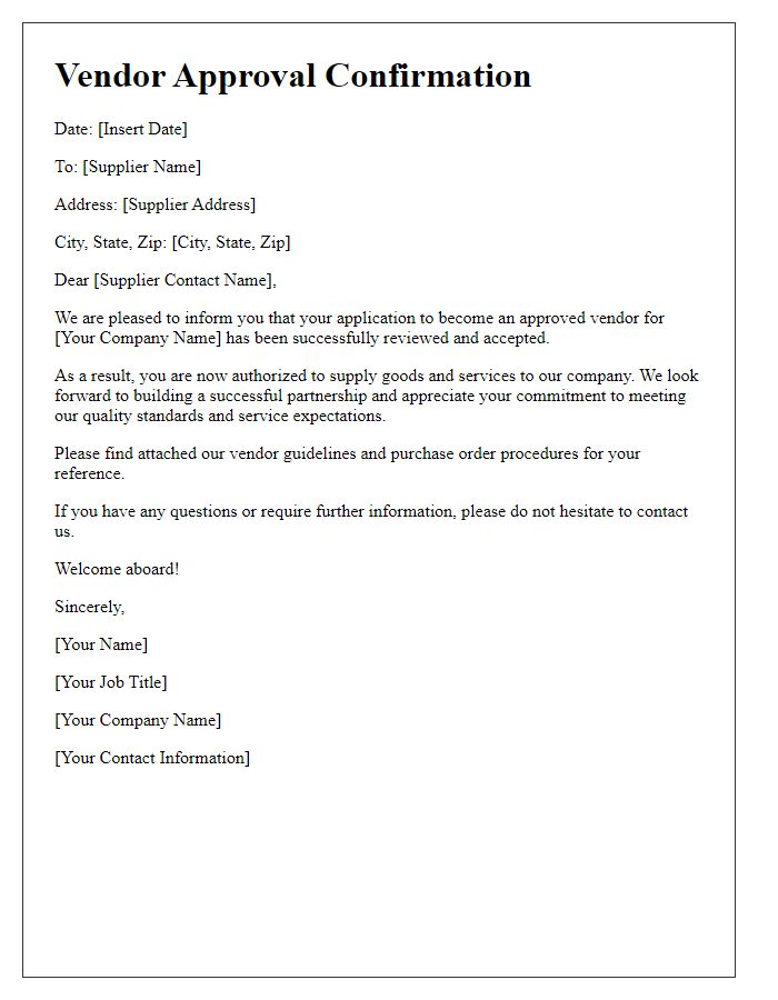 Letter template of Vendor Approval Confirmation for New Supplier