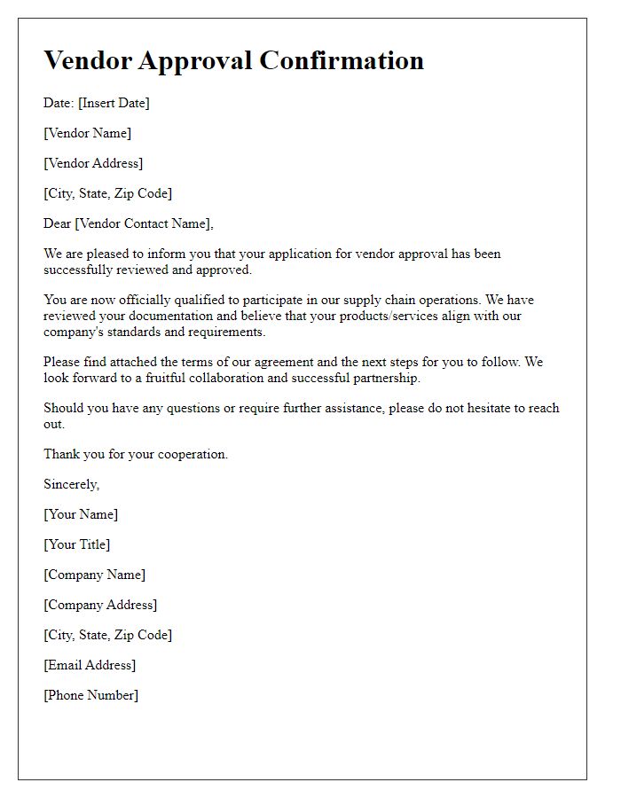 Letter template of Vendor Approval Confirmation for Supply Chain Participation