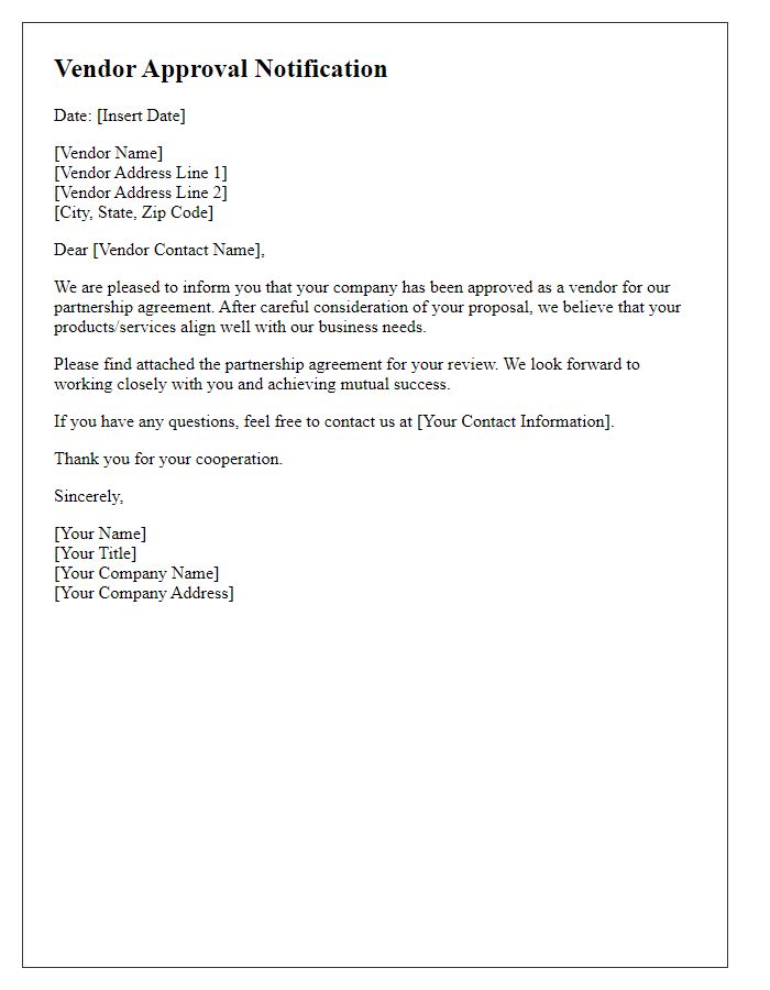 Letter template of Vendor Approval Notification for Partnership Agreement