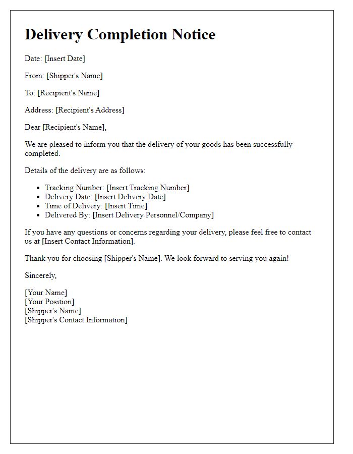 Letter template of delivery completion notice for shippers.