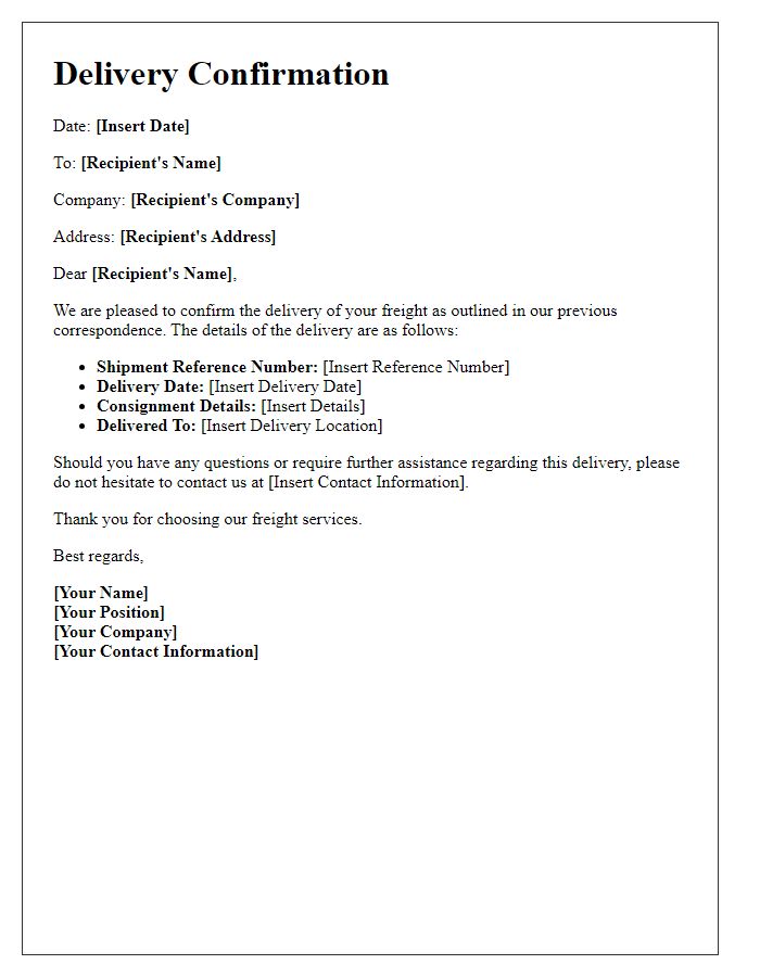 Letter template of delivery confirmation for freight services.