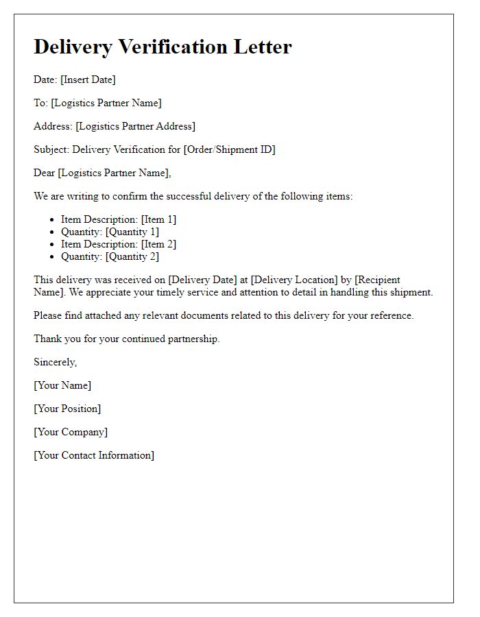 Letter template of delivery verification for logistics partners.