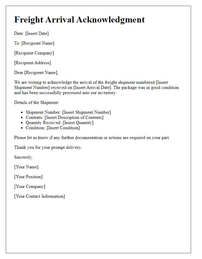 Letter template of freight arrival acknowledgment for business.