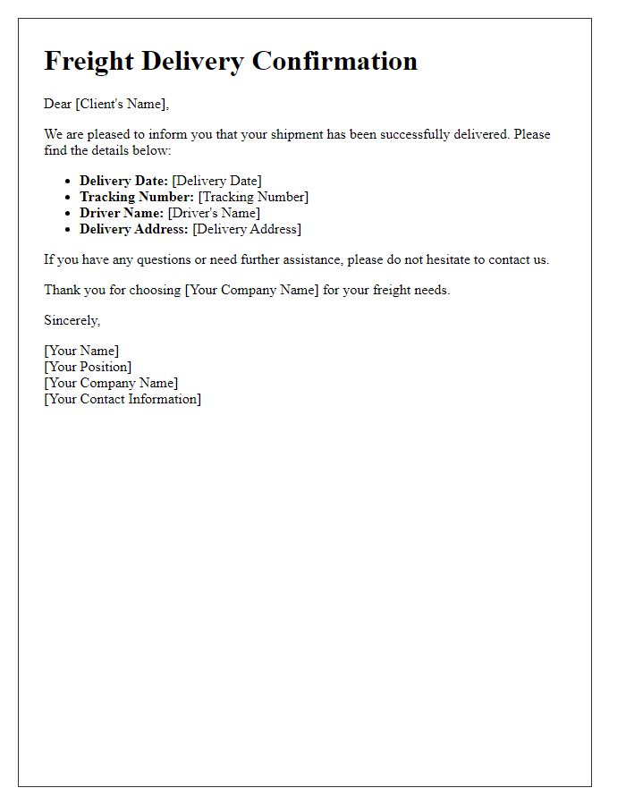 Letter template of freight delivery confirmation for clients.