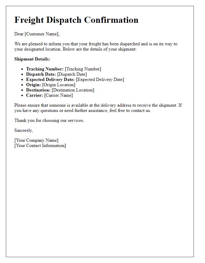 Letter template of freight dispatch confirmation to customers.