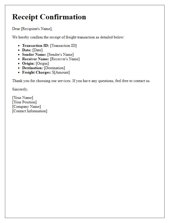 Letter template of receipt confirmation for freight transactions.