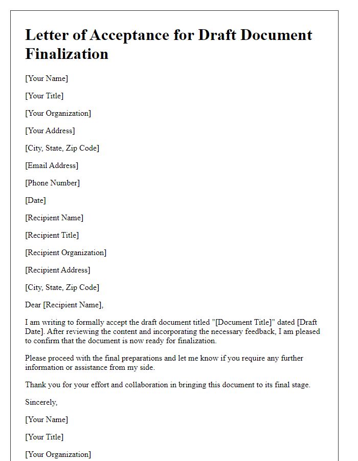 Letter template of acceptance for draft document finalization