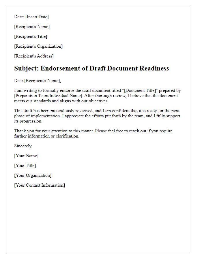 Letter template of endorsement for draft document readiness