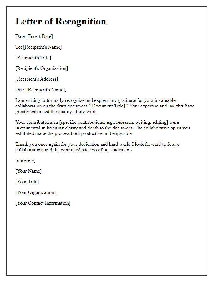 Letter template of recognition for draft document collaboration