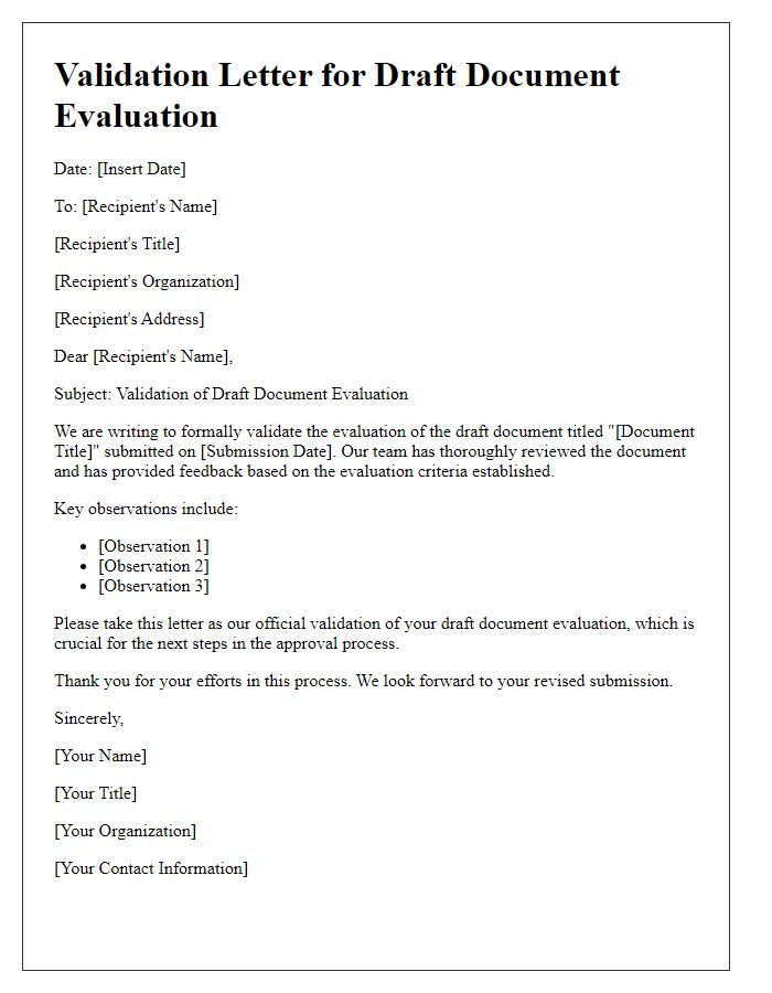 Letter template of validation for draft document evaluation