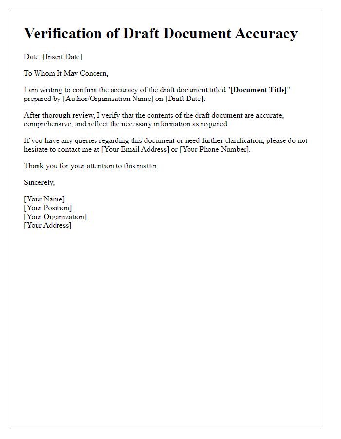 Letter template of verification for draft document accuracy