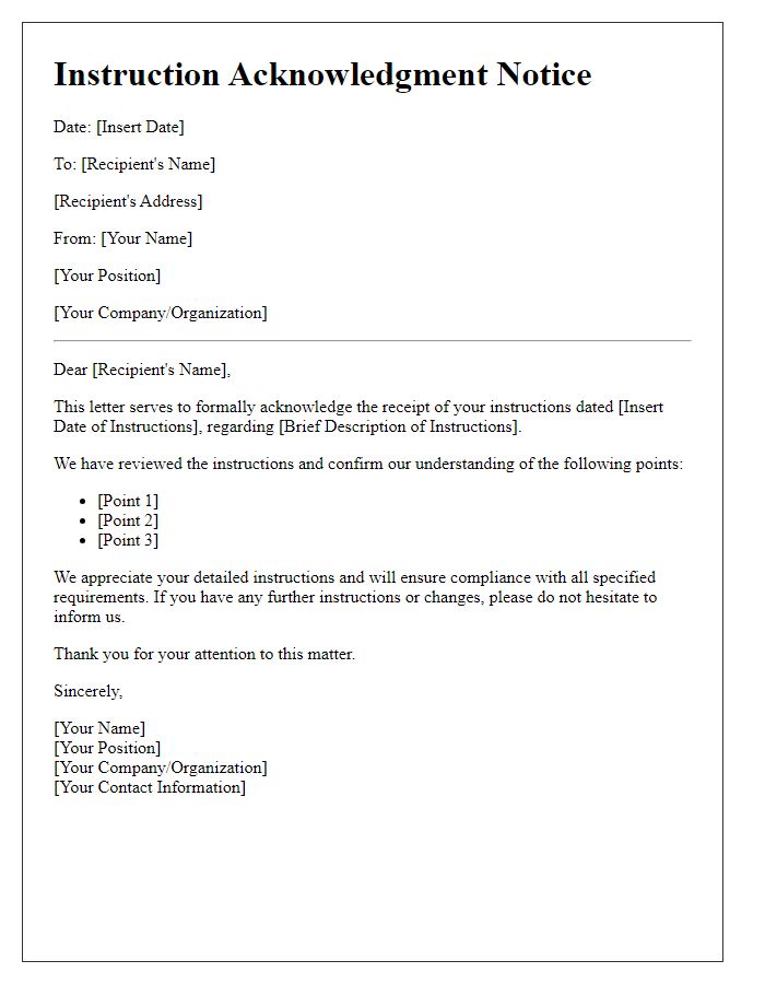 Letter template of Instruction Acknowledgment Notice