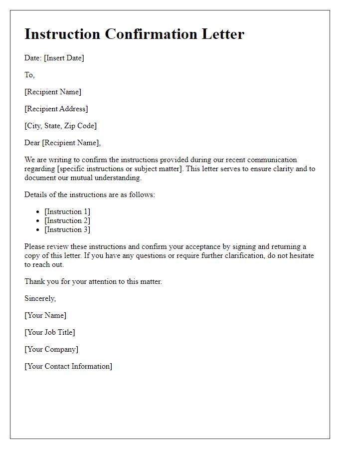 Letter template of Instruction Confirmation Letter