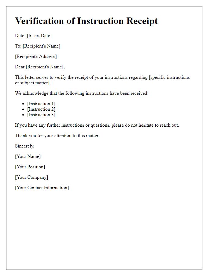 Letter template of Verification of Instruction Receipt