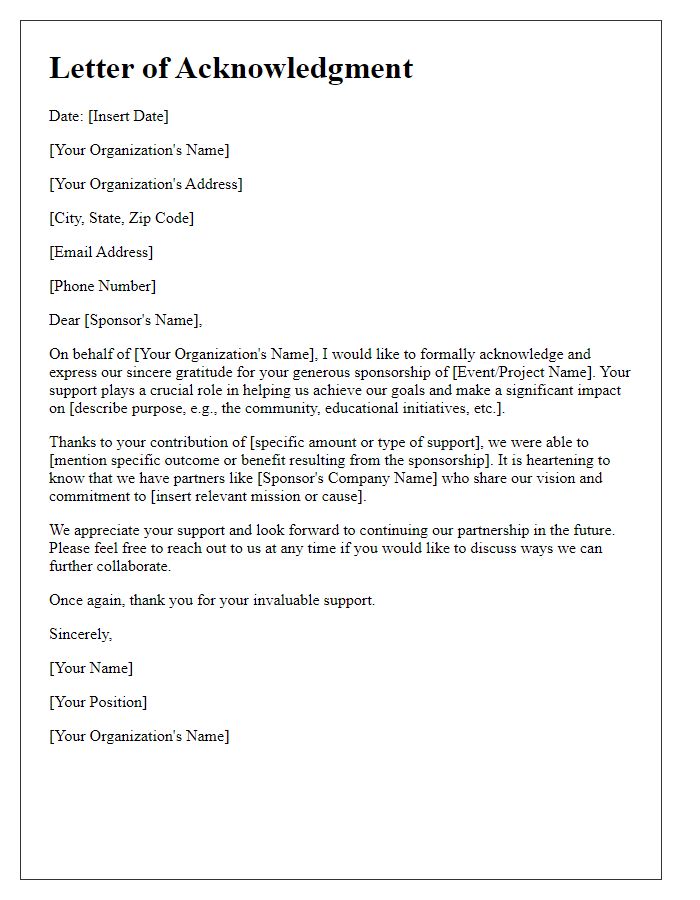 Letter template of acknowledgment for corporate sponsorship