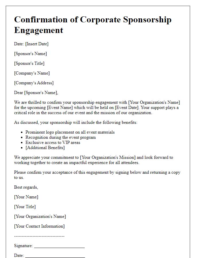 Letter template of confirmation for corporate sponsorship engagement