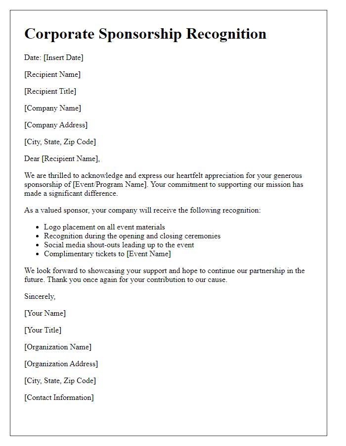 Letter template of corporate sponsorship arrangement recognition