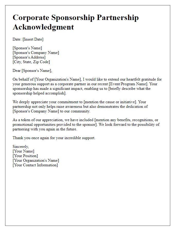 Letter template of corporate sponsorship partnership acknowledgment