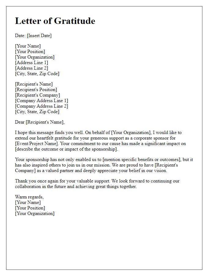 Letter template of gratitude for corporate sponsorship support