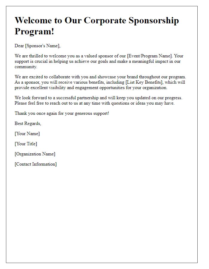 Letter template of welcome to corporate sponsorship program