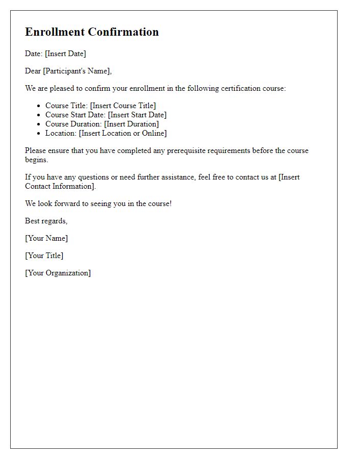Letter template of training enrollment confirmation for certification courses