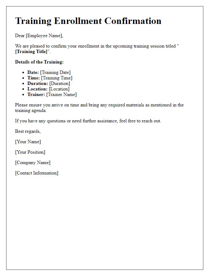 Letter template of training enrollment confirmation for corporate employees