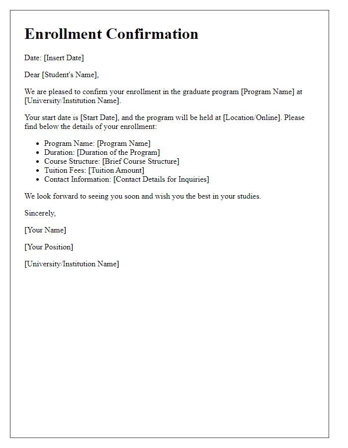 Letter template of training enrollment confirmation for graduate programs