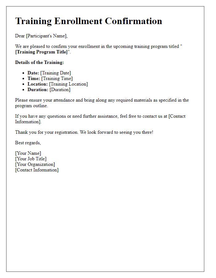 Letter template of training enrollment confirmation for individual participants