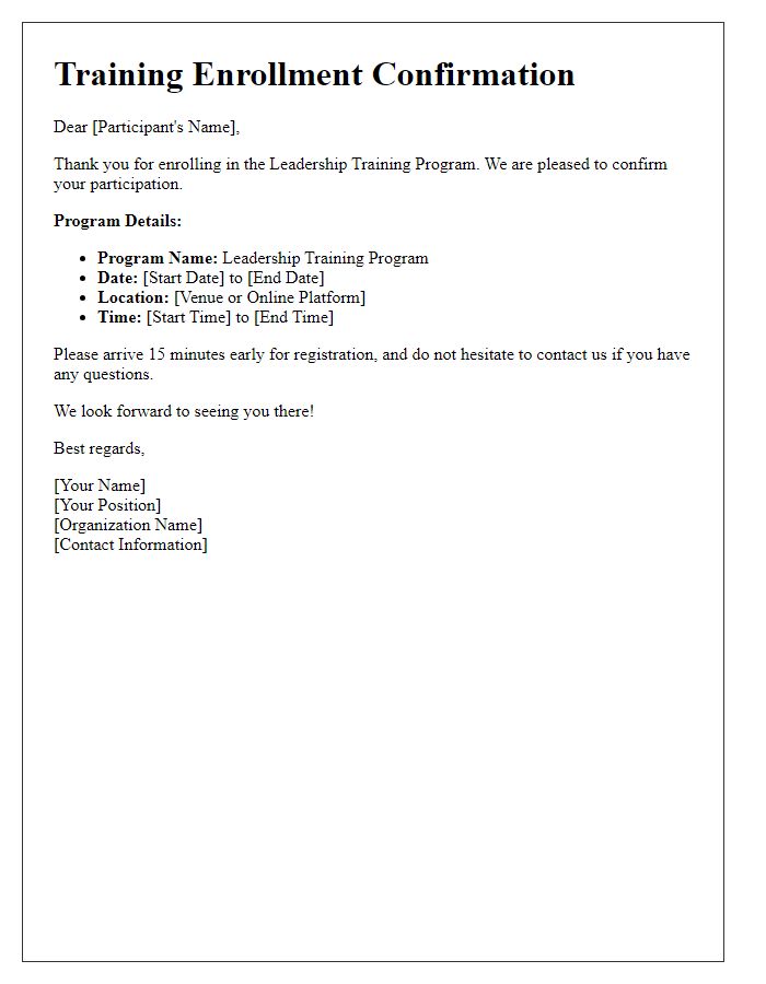 Letter template of training enrollment confirmation for leadership training