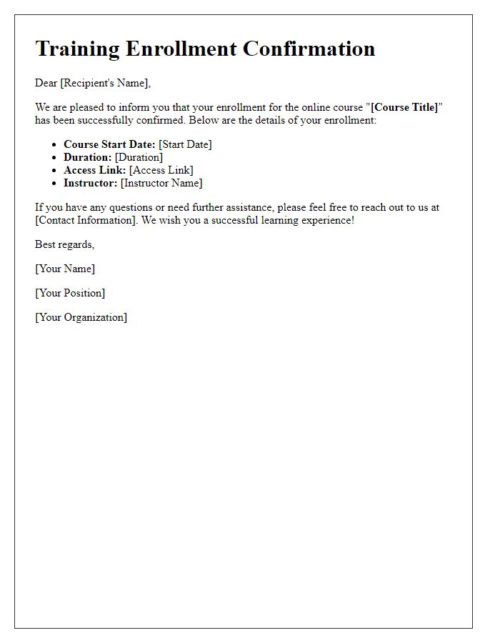 Letter template of training enrollment confirmation for online courses