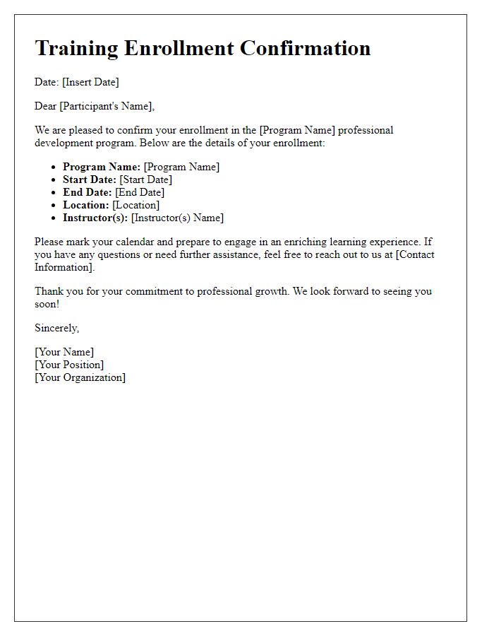 Letter template of training enrollment confirmation for professional development programs