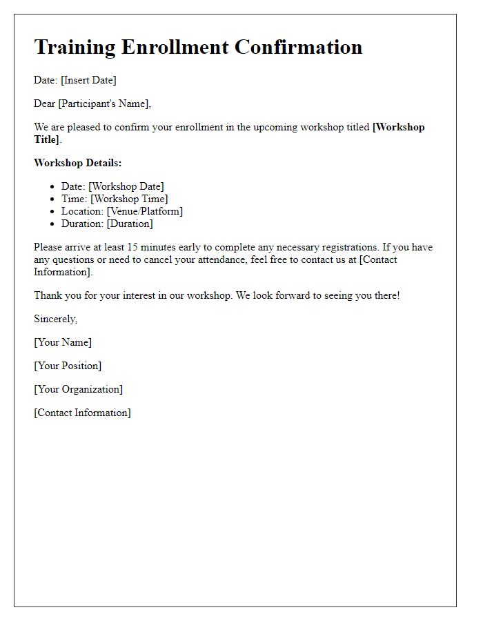 Letter template of training enrollment confirmation for workshops