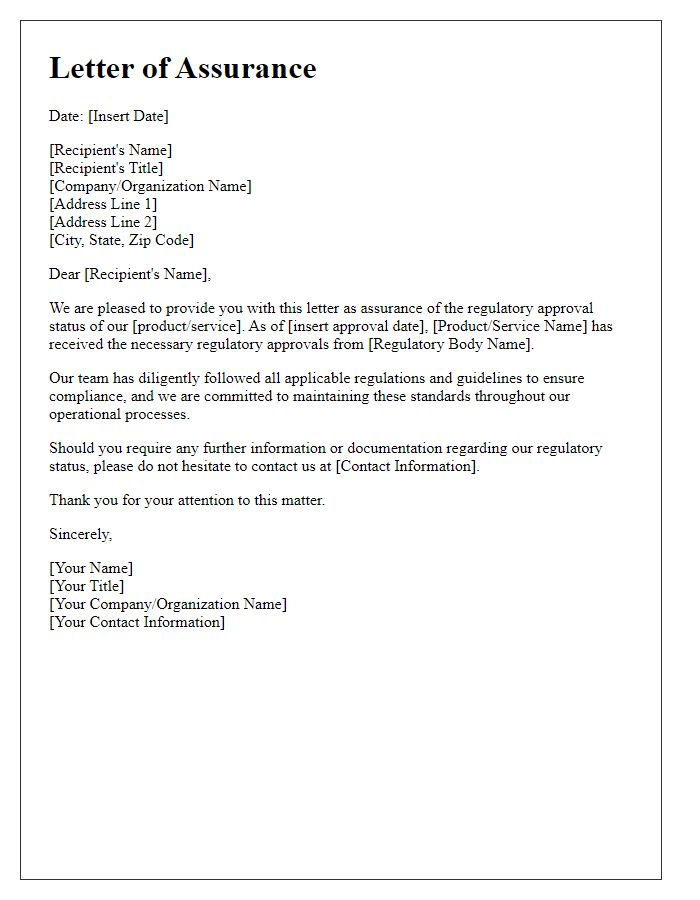 Letter template of Assurance of Regulatory Approval Status