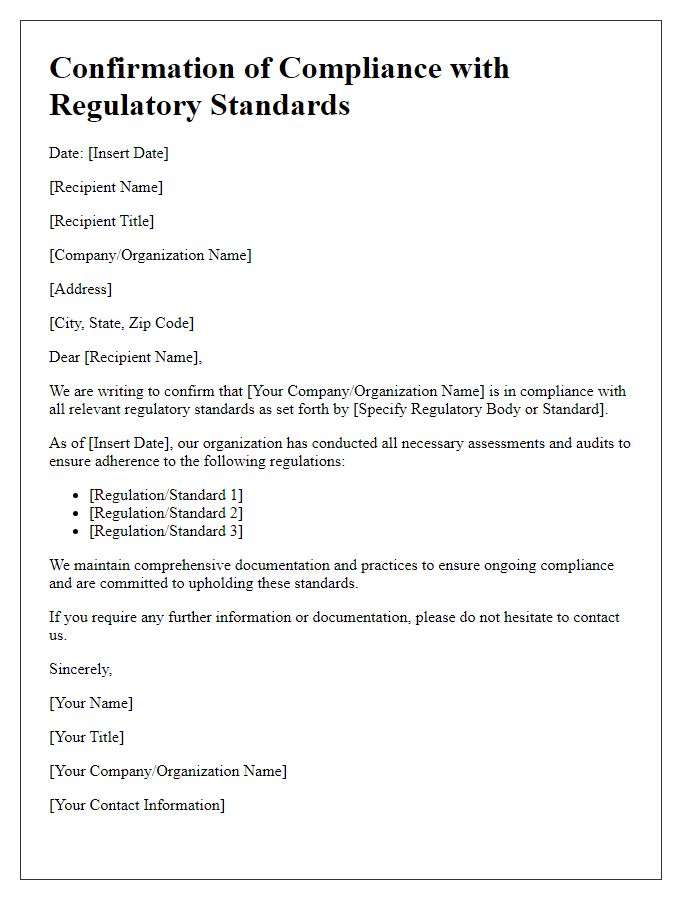 Letter template of Confirmation of Compliance with Regulatory Standards