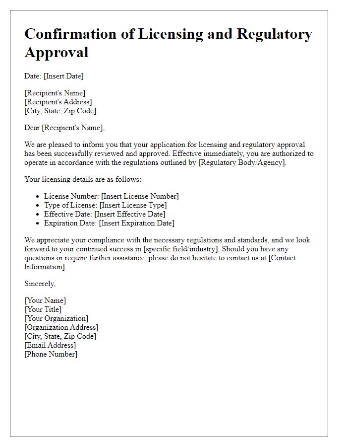 Letter template of Confirmation of Licensing and Regulatory Approval