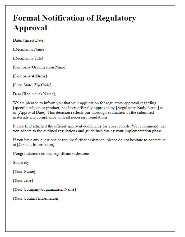 Letter template of Formal Notification of Regulatory Approval