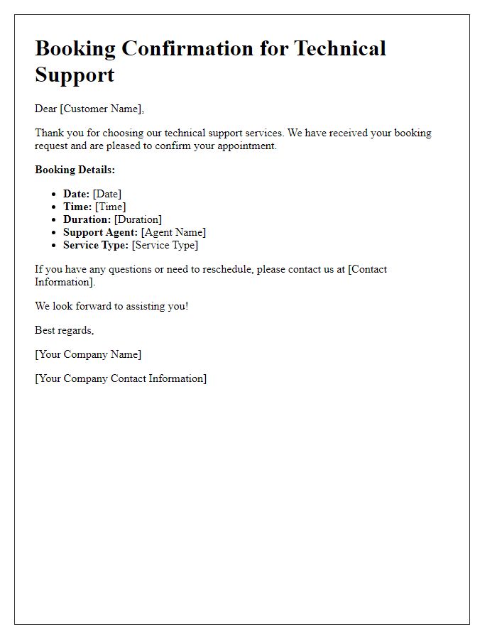 Letter template of booking confirmation for technical support