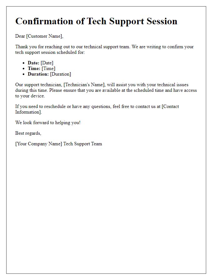 Letter template of confirmation notice for tech support session