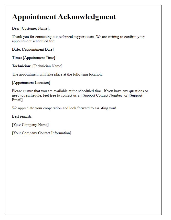 Letter template of tech support appointment acknowledgment