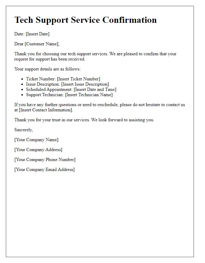 Letter template of tech support service confirmation letter