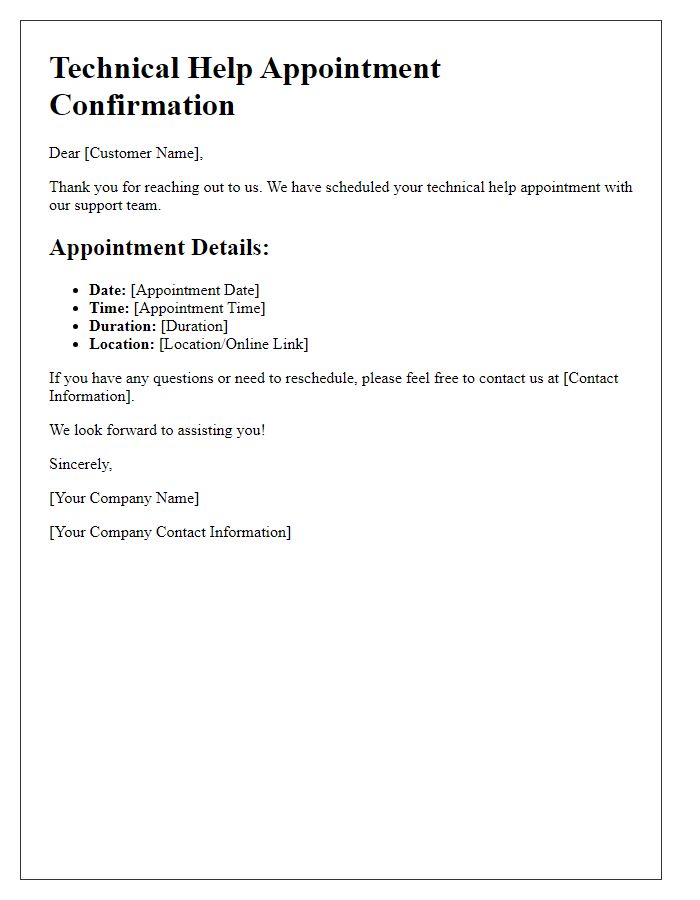 Letter template of technical help appointment details