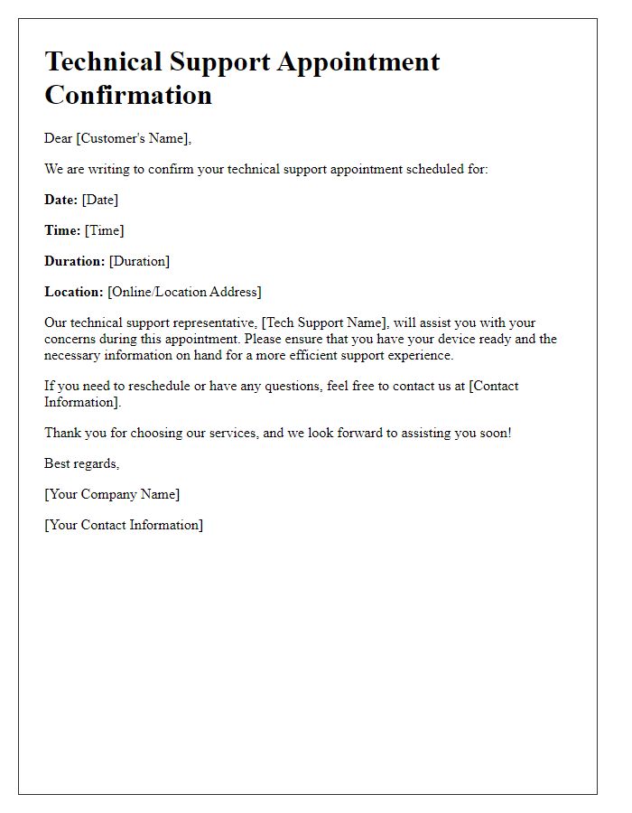 Letter template of technical support appointment confirmation