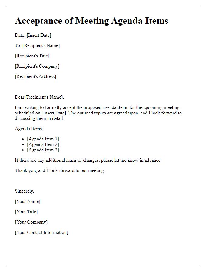 Letter template of acceptance of meeting agenda items