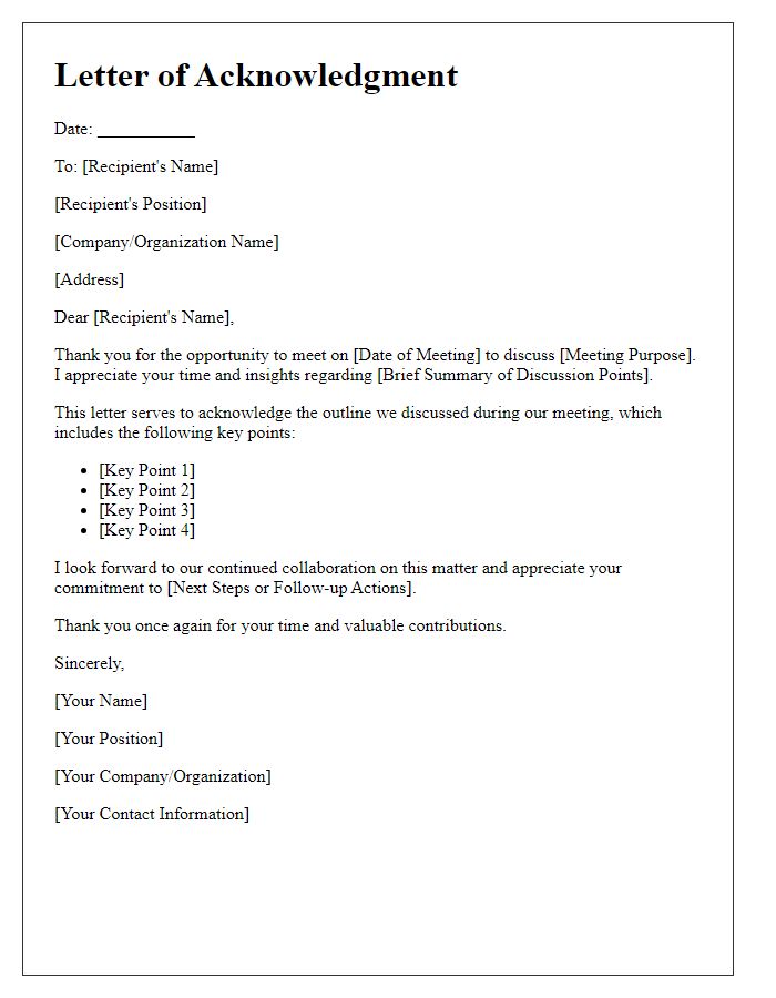 Letter template of acknowledgment of meeting outline