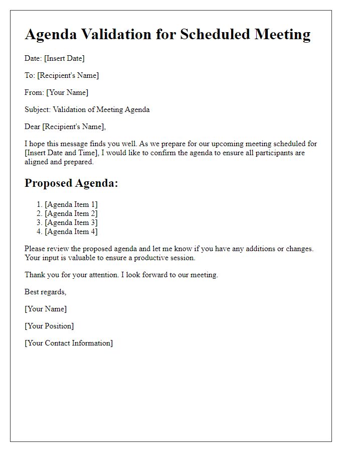 Letter template of agenda validation for scheduled meeting