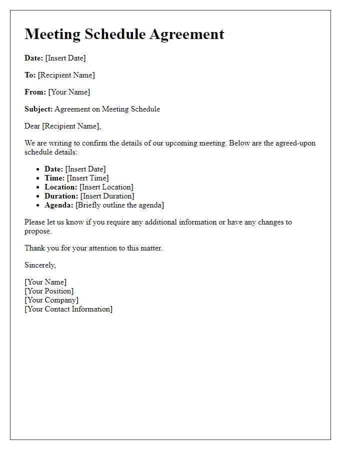 Letter template of agreement on meeting schedule details