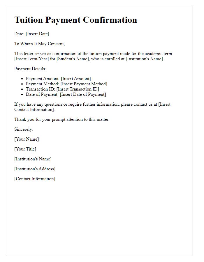 Letter template of documentation for tuition payment confirmation