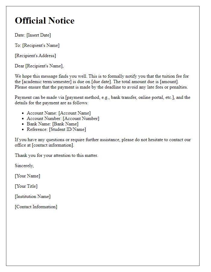 Letter template of official notice for tuition fee payment