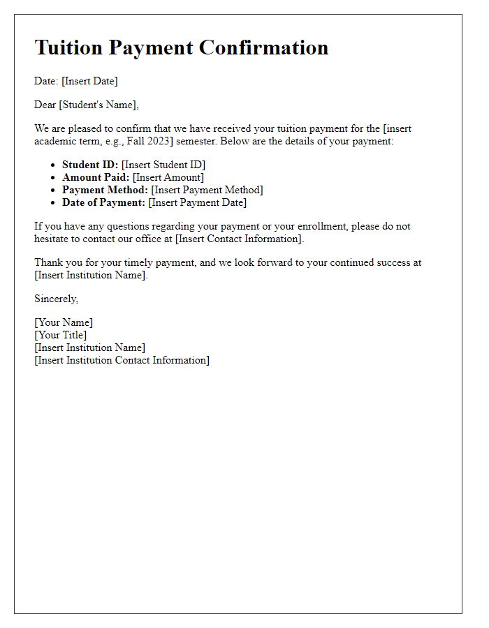 Letter template of tuition payment confirmation for enrolled students